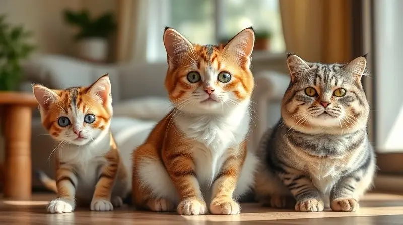 Três gatos representando diferentes fases da vida: um filhote, um adulto e um sênior, para ilustrar a importância da ração adequada para cada idade.