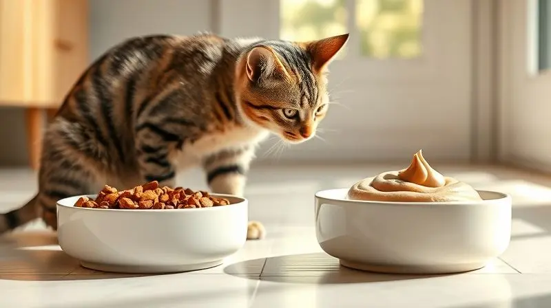 Comparativo visual entre ração seca e úmida para gatos com problemas urinários, com um gato escolhendo entre duas tigelas.