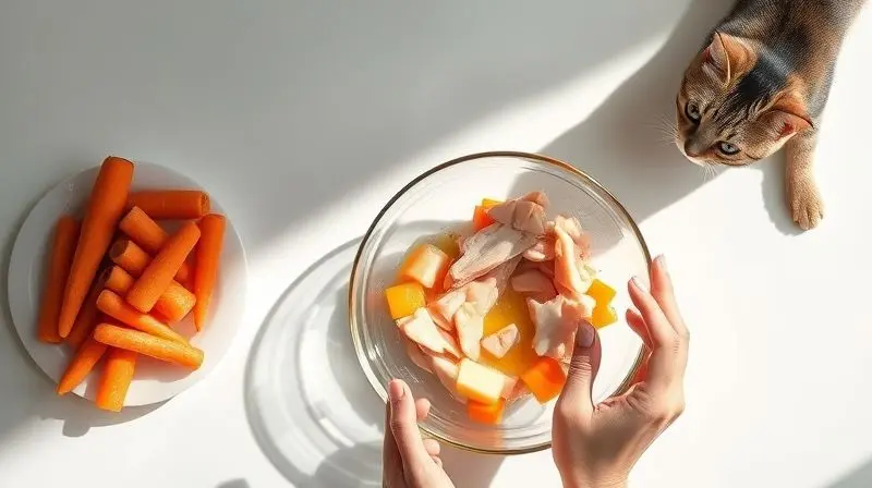 Preparação de uma receita caseira de ração úmida para gatos, com ingredientes frescos como frango e cenoura em uma cozinha limpa.