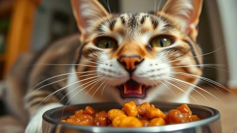 Gato doméstico comendo com satisfação sua ração úmida saborosa, demonstrando a importância de escolher um sabor que o pet aprecie.