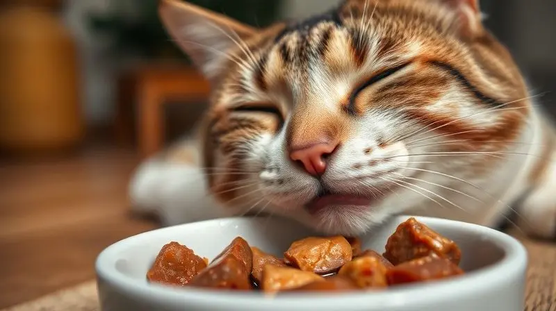 Gato doméstico comendo com satisfação um sachê saboroso com pedaços, demonstrando a importância da textura e sabor para o paladar felino.