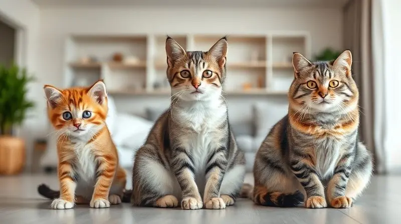 Um gatinho filhote, um gato adulto e um gato sênior lado a lado, ilustrando a importância de escolher o sachê correto para cada fase da vida.