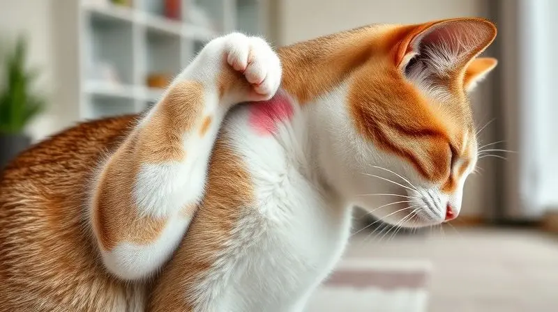 Gato se coçando intensamente na área do pescoço, um dos principais sintomas de alergia alimentar em felinos.