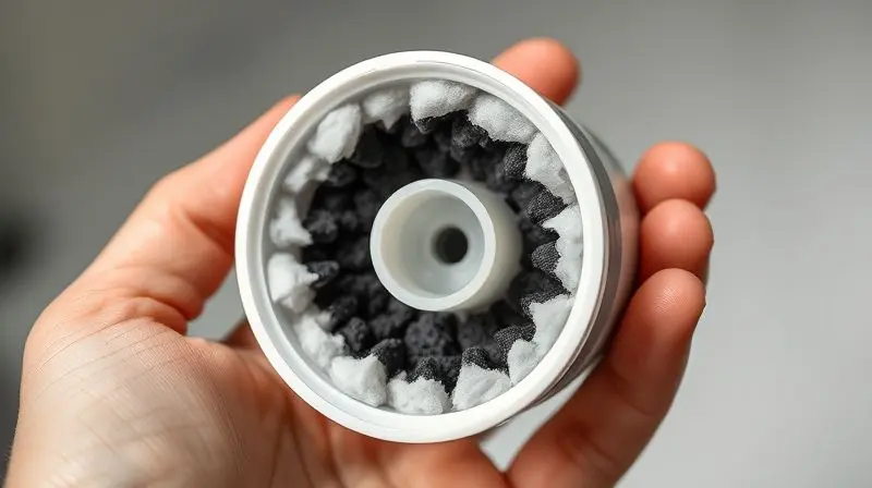 Close-up de um filtro de reposição para fonte de gatos, mostrando as camadas de algodão, carvão ativado e resina, essenciais para a pureza da água.