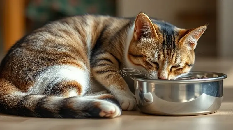 Gato apático perto da sua tigela de comida cheia, mostrando uma situação em que o uso de probióticos é indicado, como a falta de apetite.