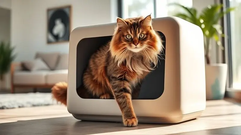 Um gato de porte grande ao lado de uma caixa de areia espaçosa, ilustrando a importância de escolher o tamanho correto para o conforto do felino.