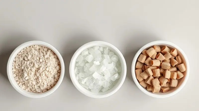 Três tipos de areia para gatos em potes brancos: areia de argila, sílica em cristais e pellets de madeira, demonstrando as diferentes opções do mercado.