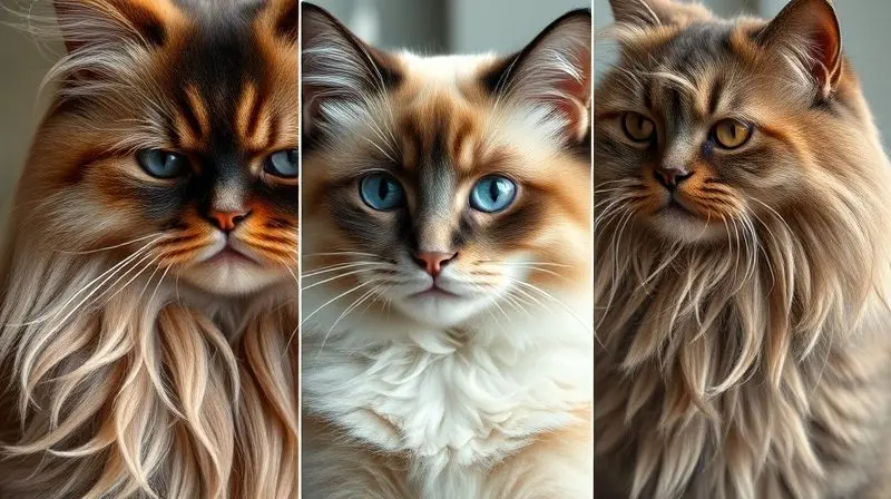 Comparativo em close-up de pelagem de gato longa, curta e média para ajudar a escolher a escova certa.