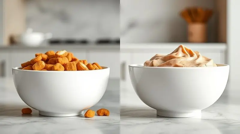 Comparativo visual entre ração seca em uma tigela e ração úmida em outra, mostrando os dois tipos de alimento para gatos.