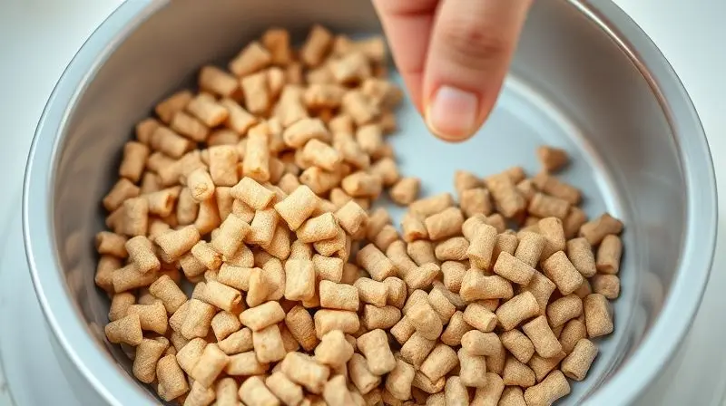 Mão de uma pessoa misturando cuidadosamente a ração antiga com a nova em um pote para fazer a transição alimentar segura do gato.