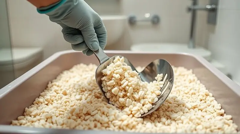 Pessoa limpando uma caixa de areia com uma pá, removendo os torrões para manter a higiene, representando a frequência correta de troca da areia.