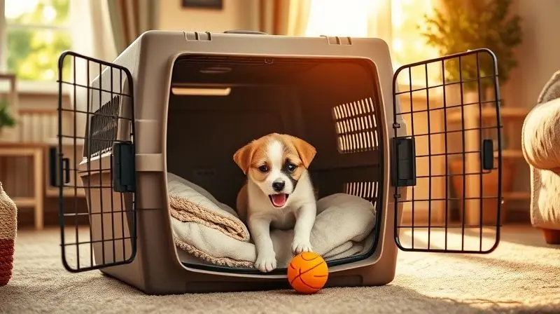 Filhote de cachorro criando associação positiva com a caixa de transporte, colocando um brinquedo dentro dela.