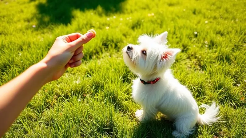 Cena de adestramento de um Westie sentado em um gramado, recebendo um petisco como recompensa por bom comportamento.