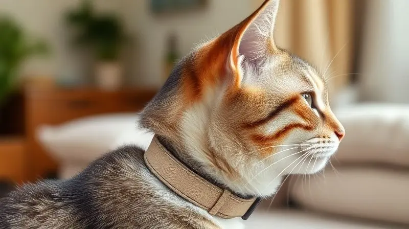 Gato de perfil usando uma coleira com o ajuste perfeito e confortável, mostrando o espaço correto entre o pescoço e o acessório para garantir segurança.