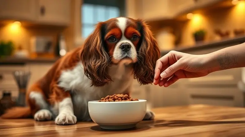 Dono medindo a porção de ração para um cão Cavalier King Charles Spaniel adulto, mostrando a nutrição adequada.