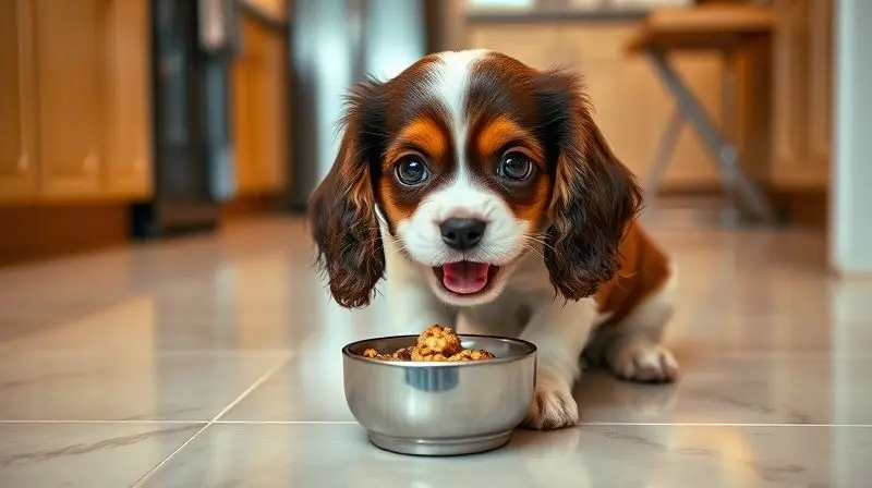 Filhote de Cavalier King Charles Spaniel comendo sua ração de uma tigela, destacando a alimentação correta para filhotes.
