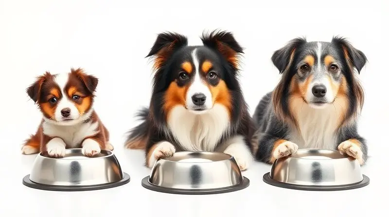 Comparativo da alimentação do Pastor de Shetland nas fases filhote, adulto e idoso, mostrando cães em cada idade.