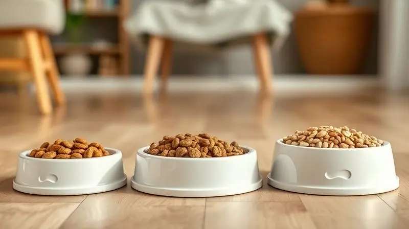 Três potes de ração para as diferentes fases da vida do Pequinês: filhote, adulto e sênior, demonstrando a alimentação correta para cada idade.