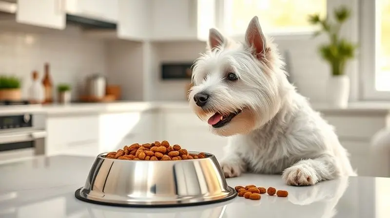 Cachorro Westie prestes a comer sua ração em uma tigela de comida, ilustrando a alimentação adequada para a raça.