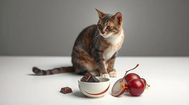 Gato vira o rosto para uma tigela com alimentos proibidos, como chocolate e uva, ilustrando a importância de evitar comidas tóxicas.