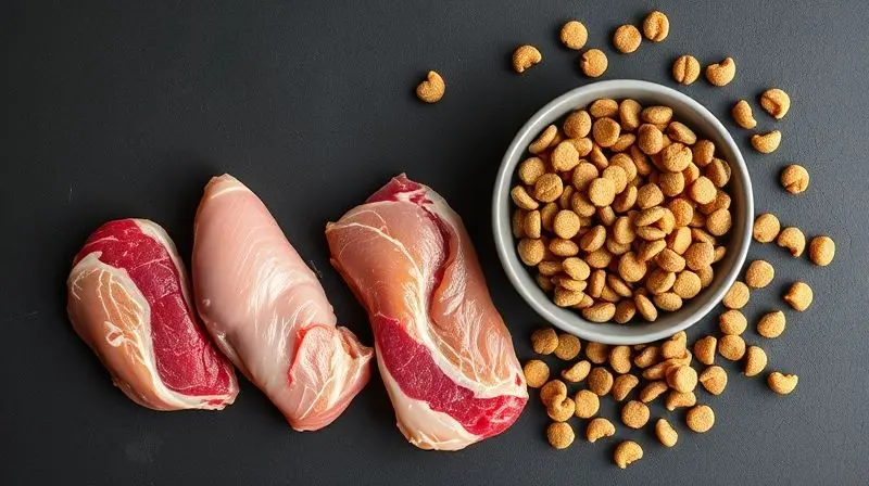Ingredientes de alta proteína, como frango e carne, ao lado de ração, destacando a importância da fonte de proteína para Pitbulls.