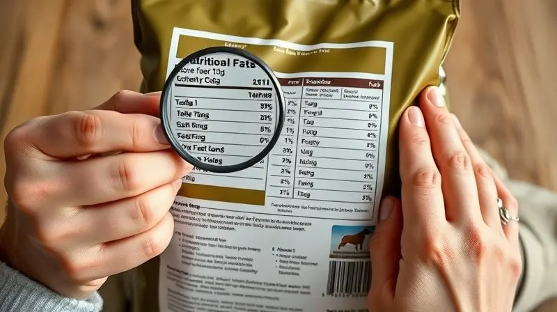 Pessoa analisando o rótulo e a análise nutricional de um pacote de ração para cães, destacando a importância de verificar os ingredientes.