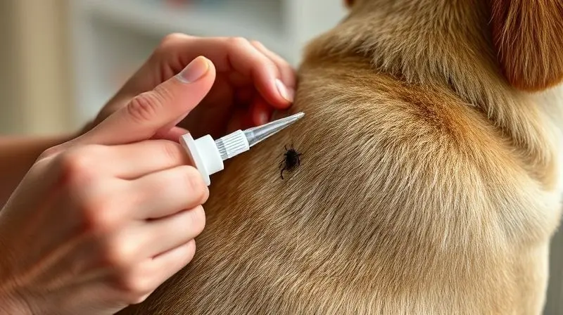Aplicação de um remédio para carrapato tipo pipeta (spot-on) na nuca de um cão, com o pelo afastado.