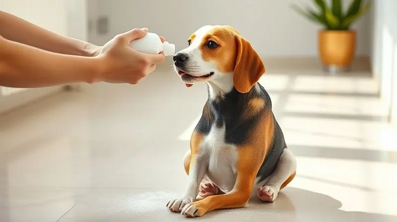 Tutor aplicando shampoo a seco no pelo de um cachorro beagle para uma limpeza rápida e eficiente sem o uso de água.
