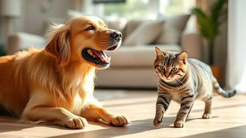 Cão e gato saudáveis e felizes brincando juntos, demonstrando os benefícios e prós do consumo de uma ração de qualidade como a Balance.
