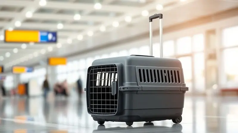 Caixa de transporte padrão IATA ao lado de uma mala em um aeroporto, pronta para uma viagem de avião segura.