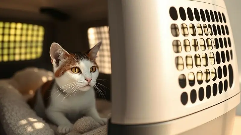 Gato calmo e confortável dentro de uma caixa de transporte bem ventilada, olhando pela grade de ventilação.