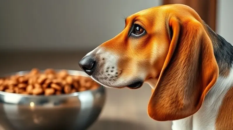 Close-up de um Basset Hound destacando suas orelhas longas, característica que influencia na escolha da ração.