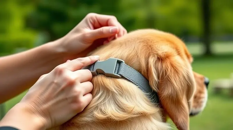 Pessoa colocando uma coleira antipulgas e carrapatos no pescoço de um cão da raça golden retriever.