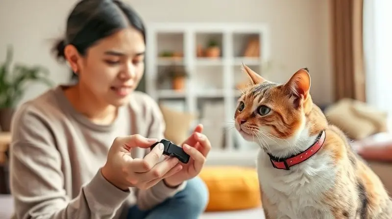 Gato curioso cheirando uma coleira nova sendo oferecida por seu tutor, como parte do processo de adaptação e reforço positivo.