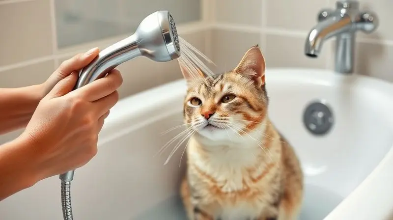 Gato tomando banho de forma calma e segura, com o dono protegendo seu rosto da água, demonstrando a maneira correta de higienizar o felino.