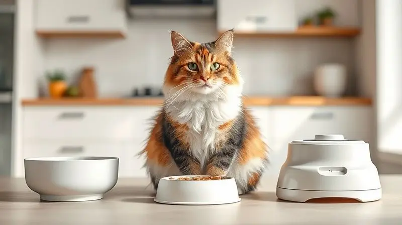 Gato tricolor sentado em frente a três tipos de comedouros diferentes, ilustrando o conceito de como escolher o melhor pote para seu pet.