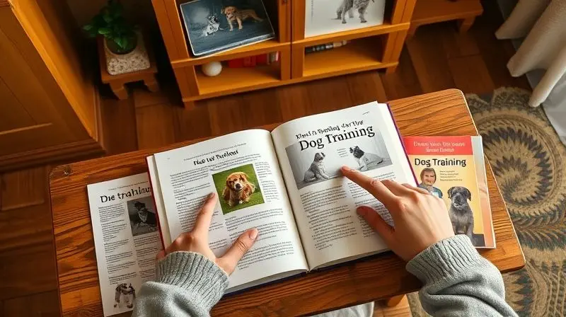 Pessoa analisando vários livros de adestramento canino para escolher o guia ideal para seu pet, em um ambiente de estudo.
