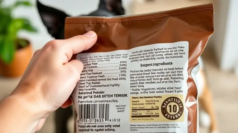 Pessoa analisando os ingredientes no verso de um pacote de ração para escolher a melhor para seu cão American Staffordshire Terrier.