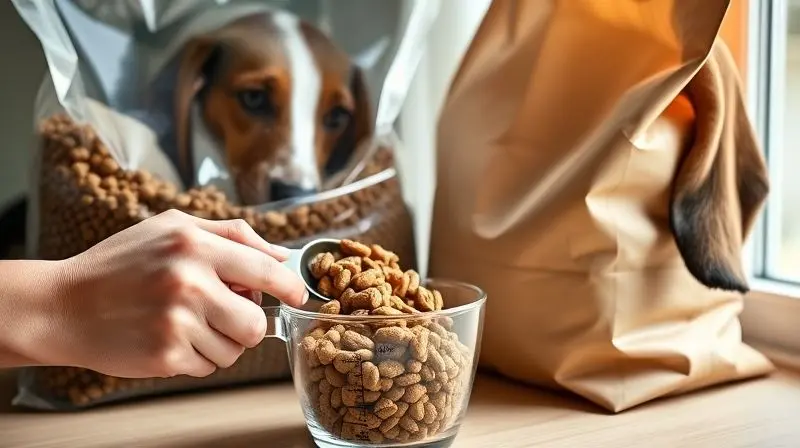 Pessoa escolhendo e medindo a quantidade de ração para um Basset Hound, ilustrando como fazer a escolha certa.
