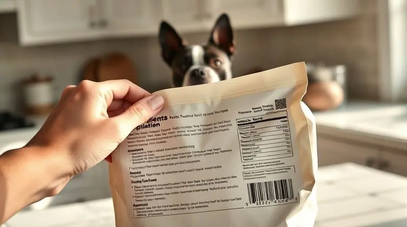 Pessoa analisando o rótulo de um pacote de ração para escolher a melhor opção para seu cão Boston Terrier.