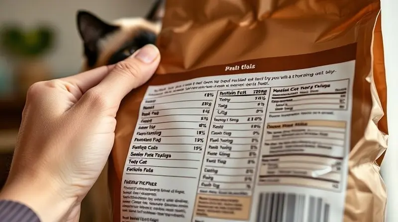 Tutor analisando o rótulo nutricional de um pacote de ração para escolher a melhor opção para seu gato Siamês.