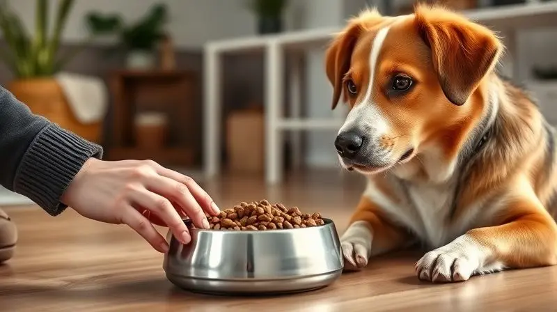 Tutor oferece uma tigela de ração ao seu cão, simbolizando a escolha cuidadosa da alimentação ideal para o pet.