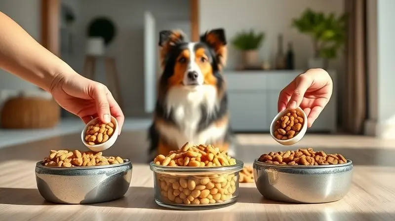 Dono escolhendo a melhor ração para seu cão Pastor de Shetland, comparando diferentes tipos de grãos em potes.