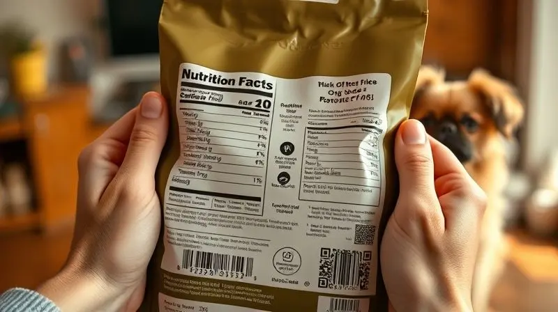 Pessoa lendo o rótulo e a tabela nutricional de um pacote de ração para escolher a melhor opção para seu cão Pequinês.