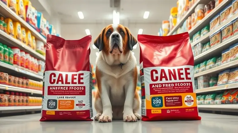 Dono de um São Bernardo escolhendo a ração ideal para seu cão em um corredor de pet shop, focando nas necessidades da raça.