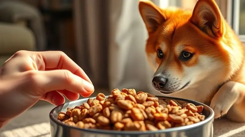 Tutor escolhendo a melhor ração para seu cão Shiba Inu, analisando a qualidade e os ingredientes do alimento em uma tigela.
