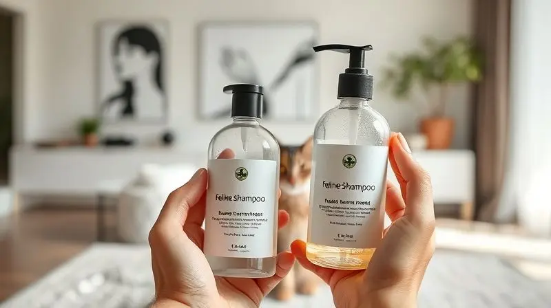 Pessoa escolhendo entre dois frascos de shampoo para gatos, demonstrando a importância de selecionar o produto certo para seu felino.