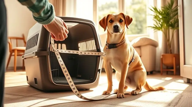Pessoa medindo um cachorro com uma fita métrica para escolher o tamanho correto da caixa de transporte.