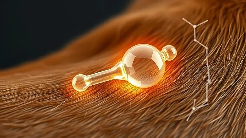 Ilustração conceitual do princípio ativo de um antiparasitário agindo na pele de um cão para protegê-lo contra parasitas.
