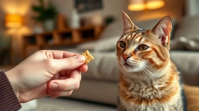 Mão de uma pessoa oferecendo um petisco a um gato como forma de recompensa, demonstrando como e quando oferecer o snack.